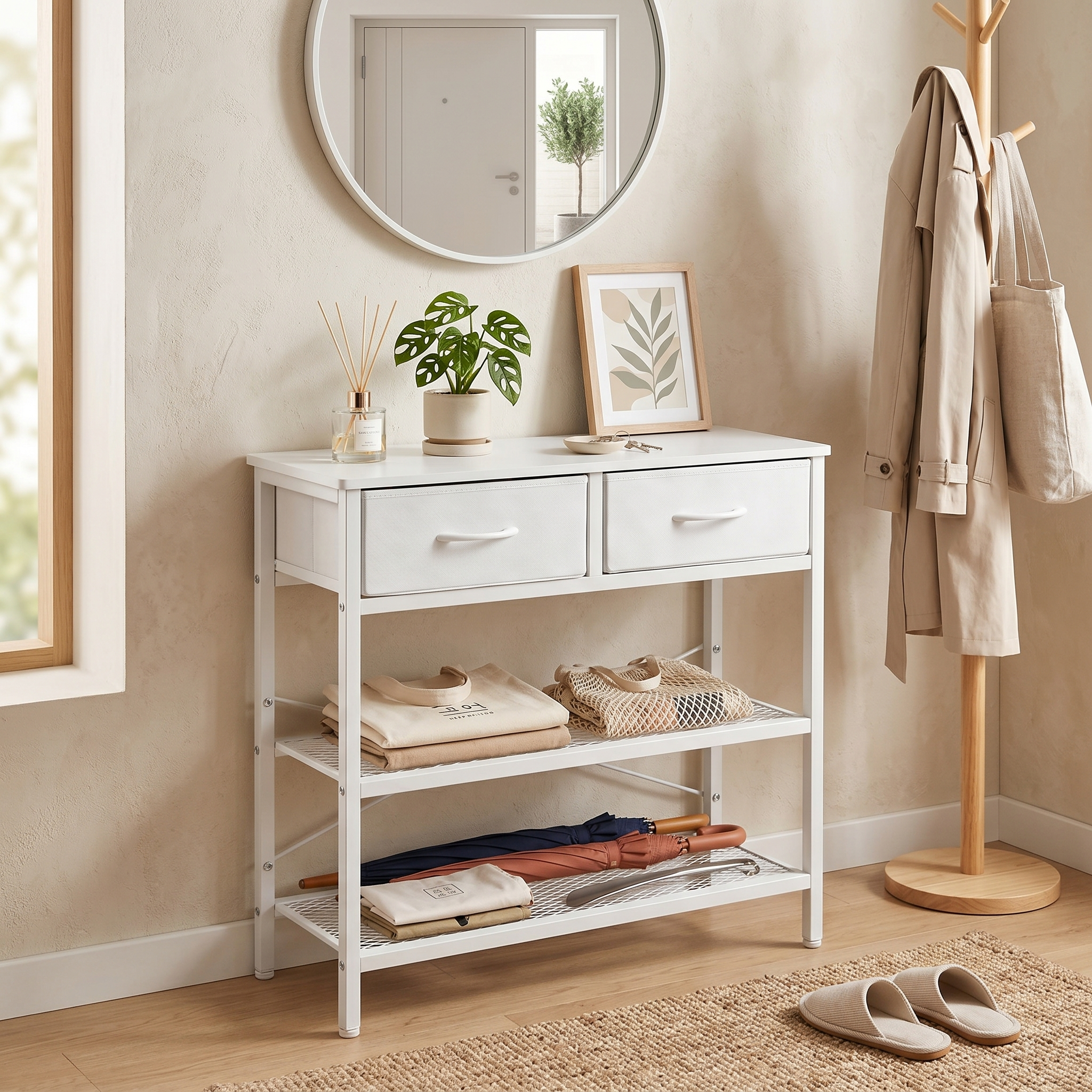 Shawken Narrow Console Table with 2 Fabric Drawers & 2-Tier Shelves
