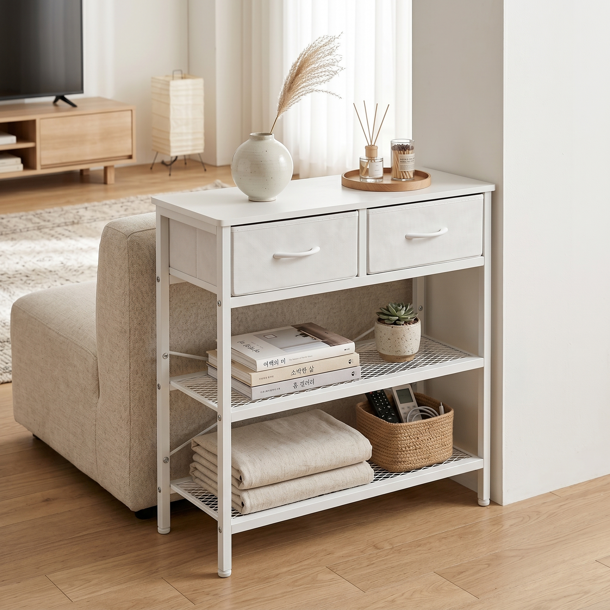 Shawken Narrow Console Table with 2 Fabric Drawers & 2-Tier Shelves