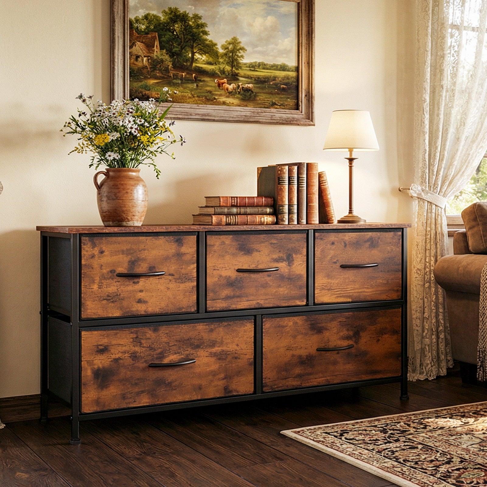 Shawken 5-Drawer Fabric Storage Dresser with Wooden Top