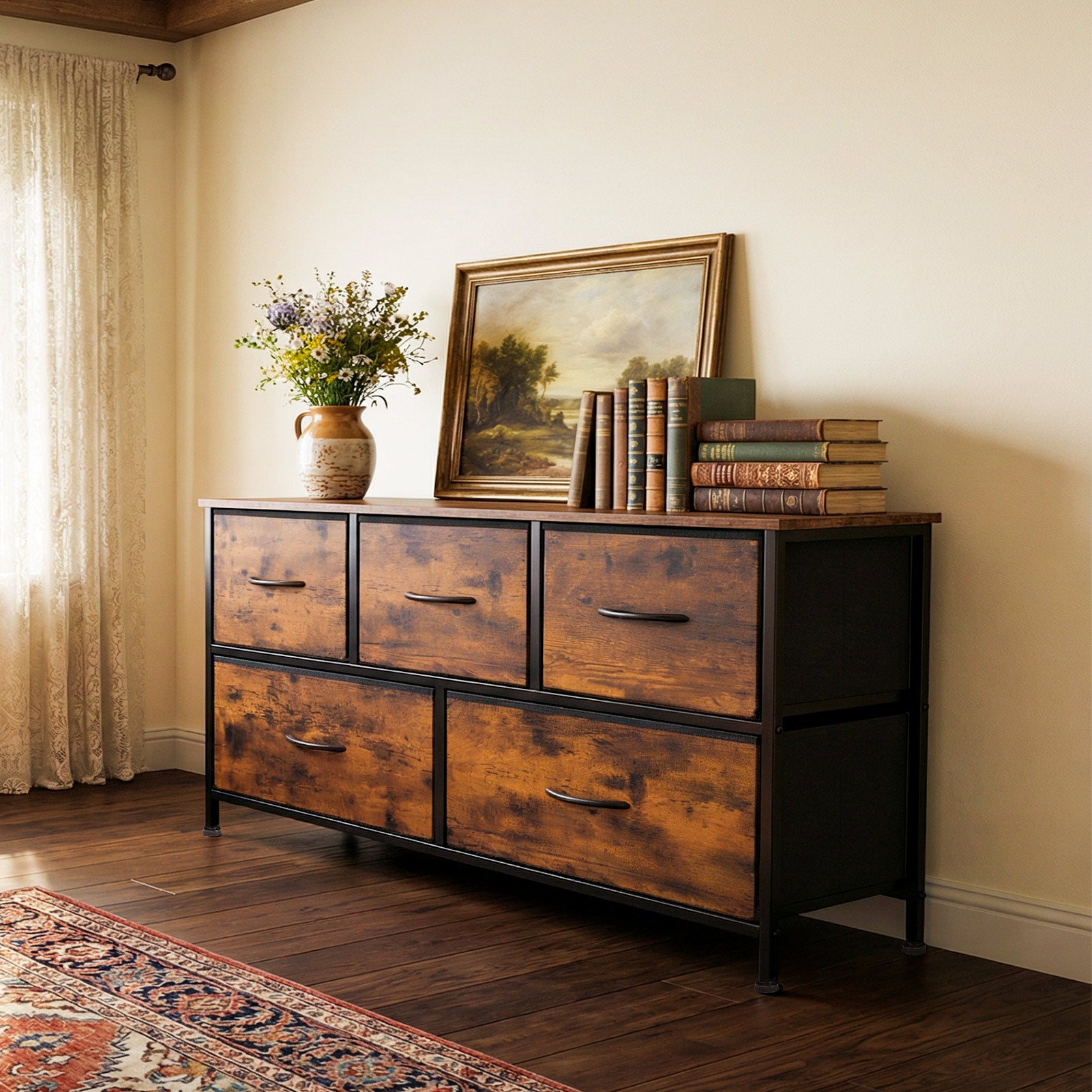 Shawken 5-Drawer Fabric Storage Dresser with Wooden Top