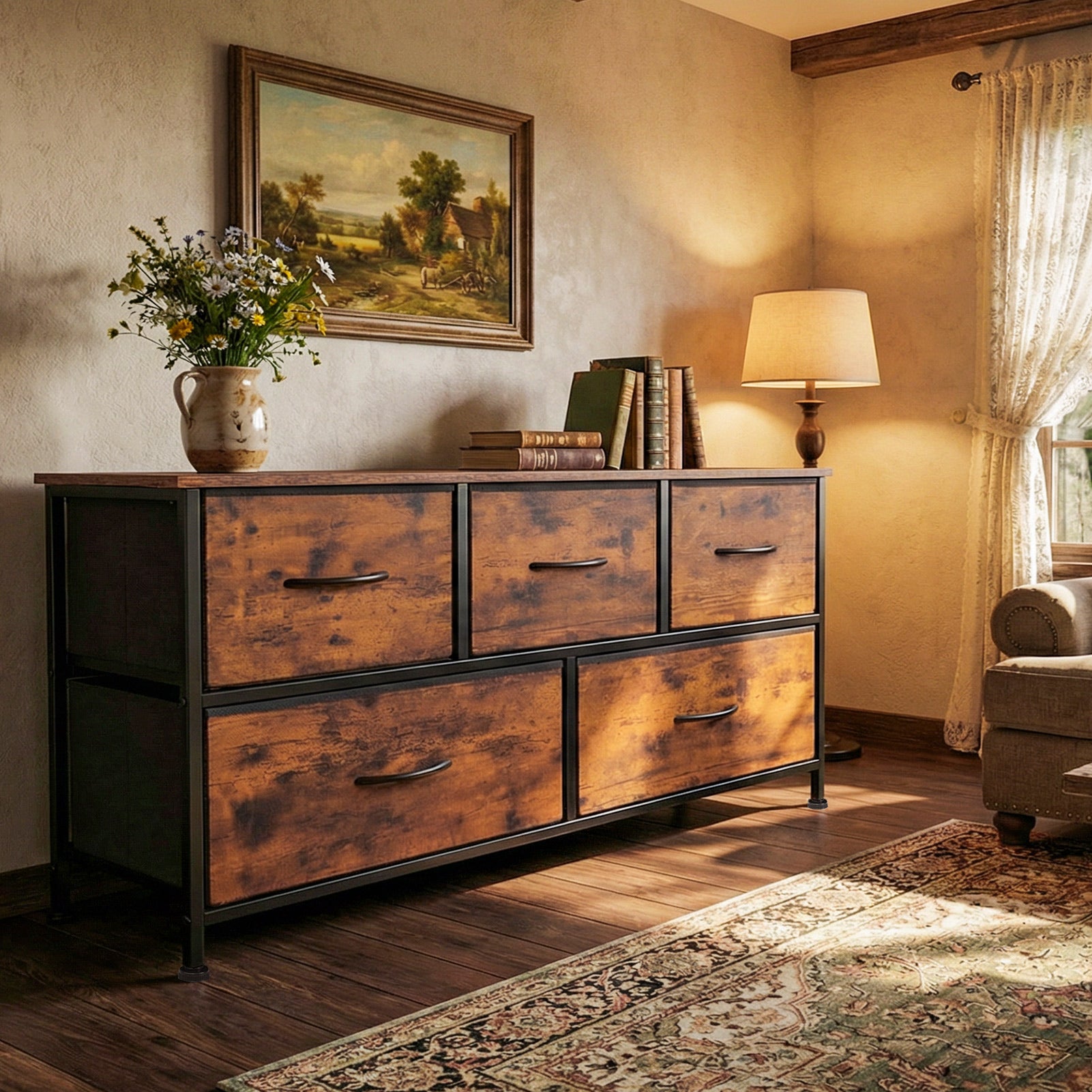 Shawken 5-Drawer Fabric Storage Dresser with Wooden Top