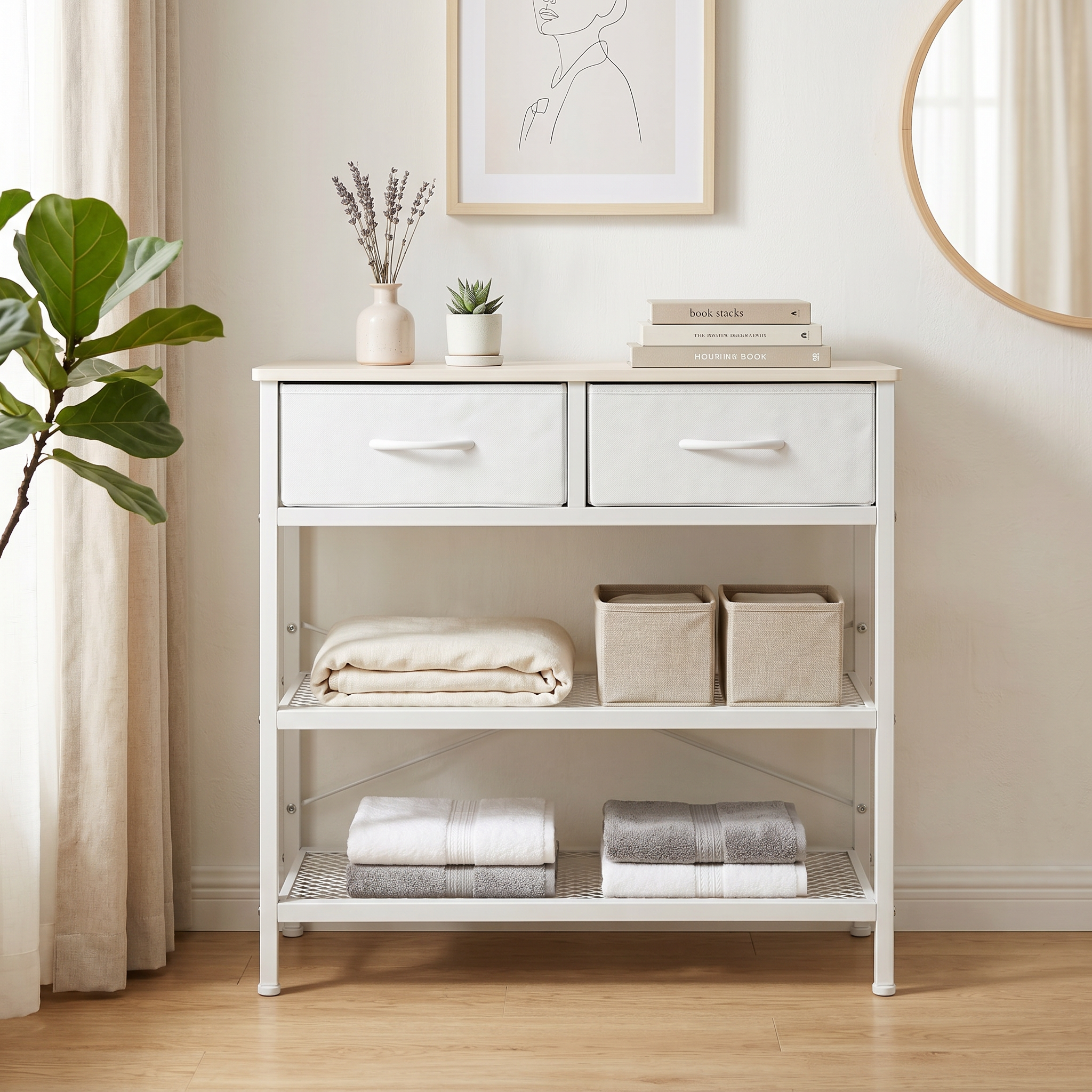 Shawken Narrow Console Table with 2 Fabric Drawers & 2-Tier Shelves