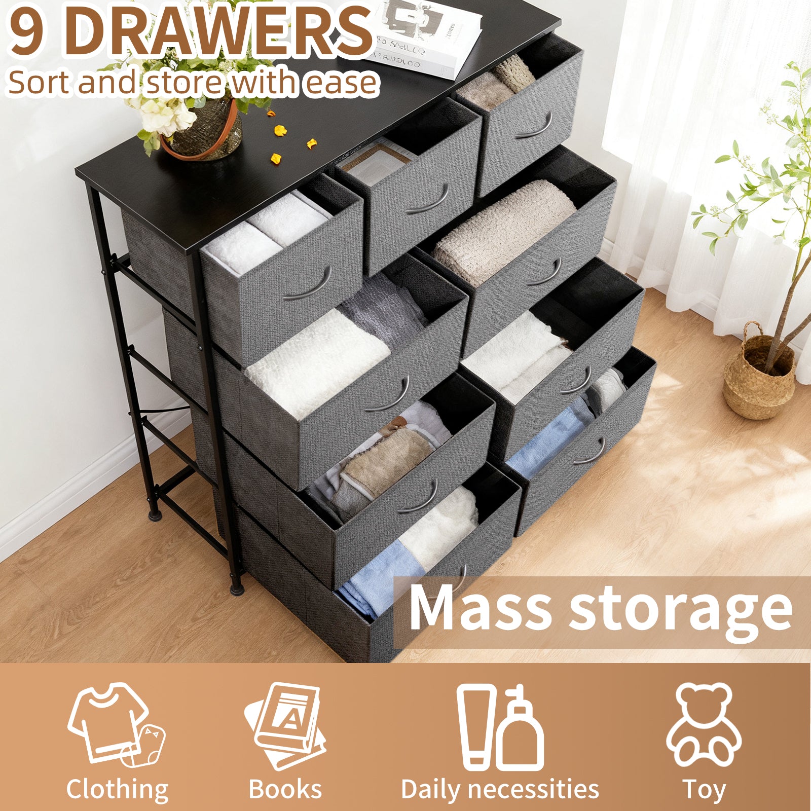 Shawken 9-Drawer Fabric Dresser, Tall Storage Organizer