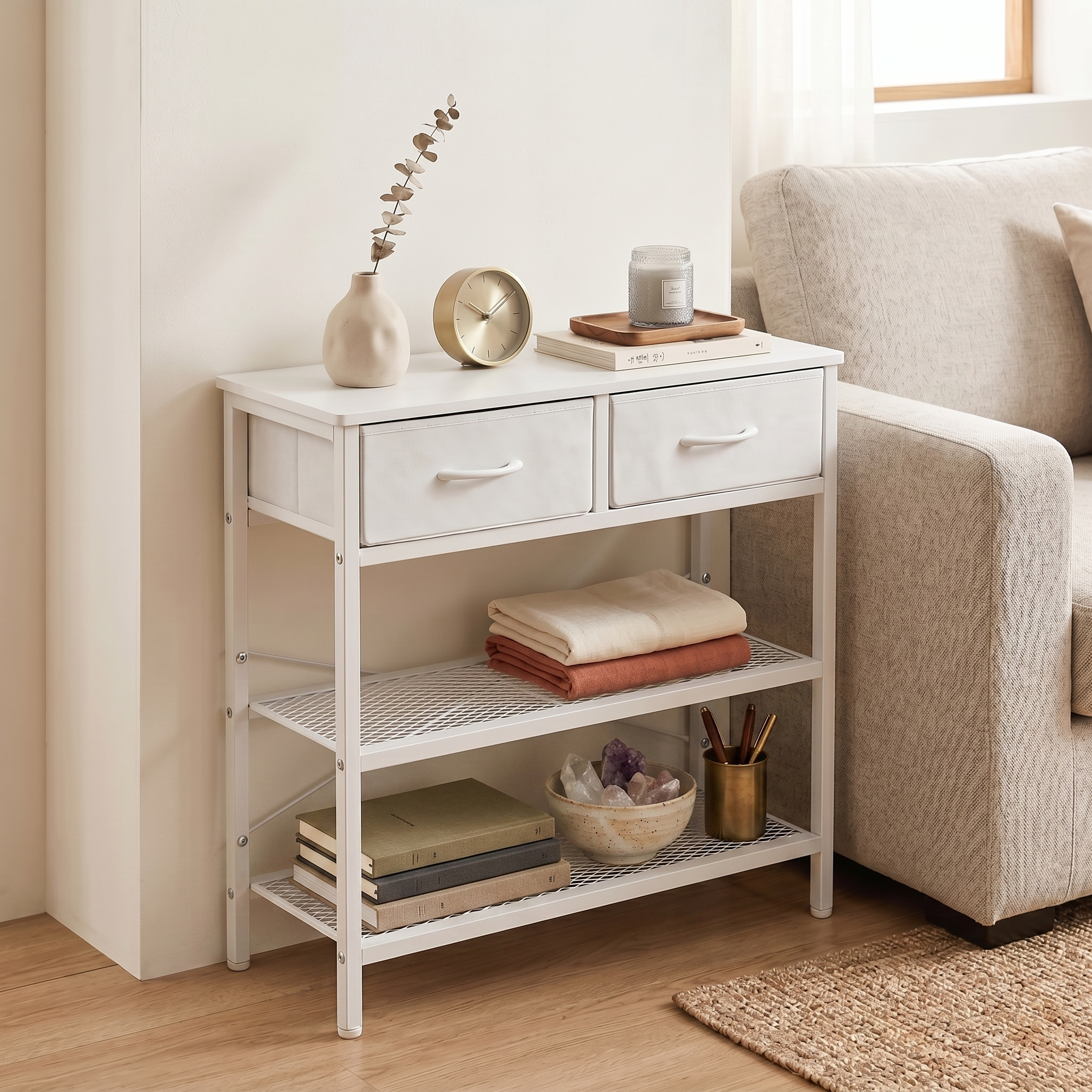 Shawken Narrow Console Table with 2 Fabric Drawers & 2-Tier Shelves