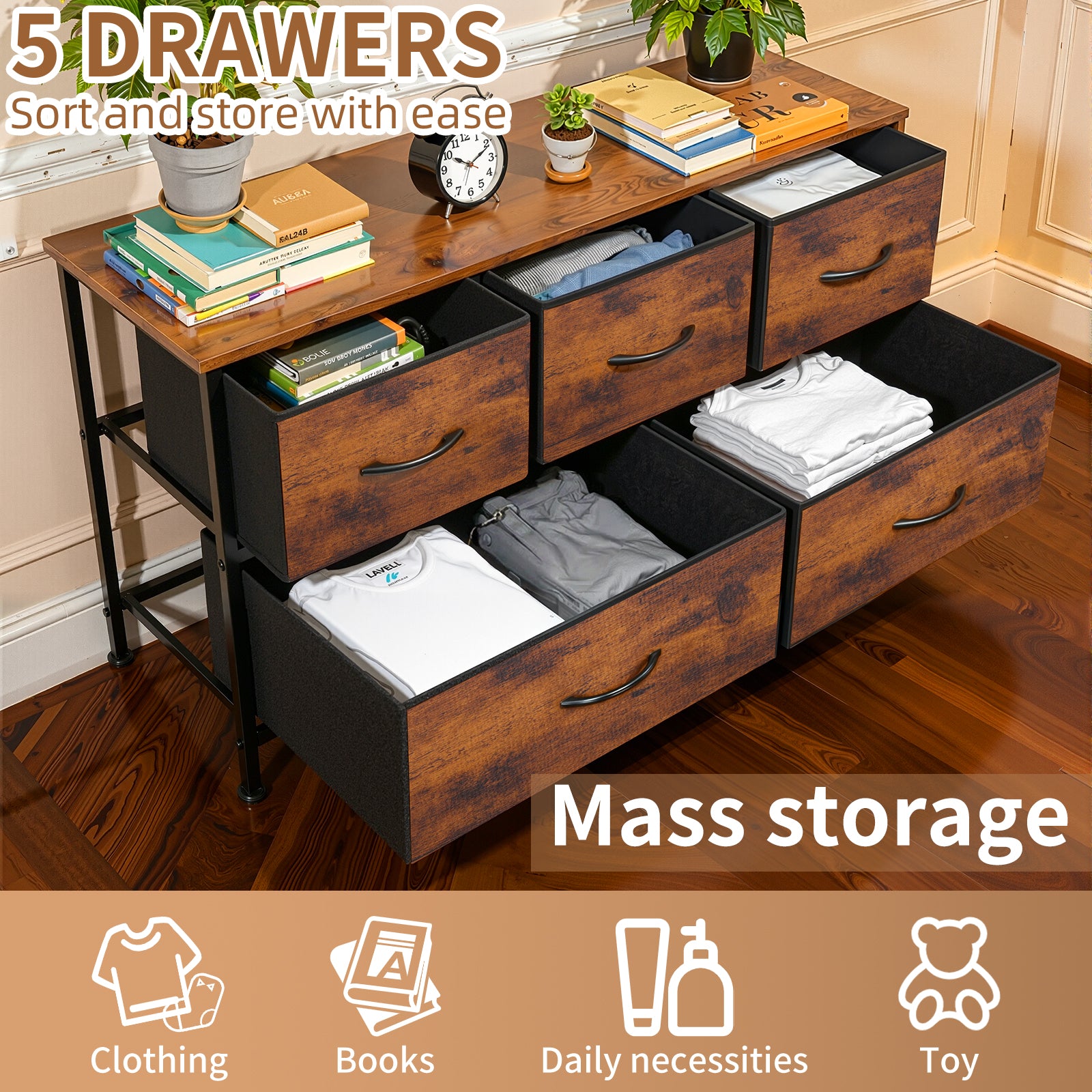 Shawken 5-Drawer Fabric Storage Dresser with Wooden Top