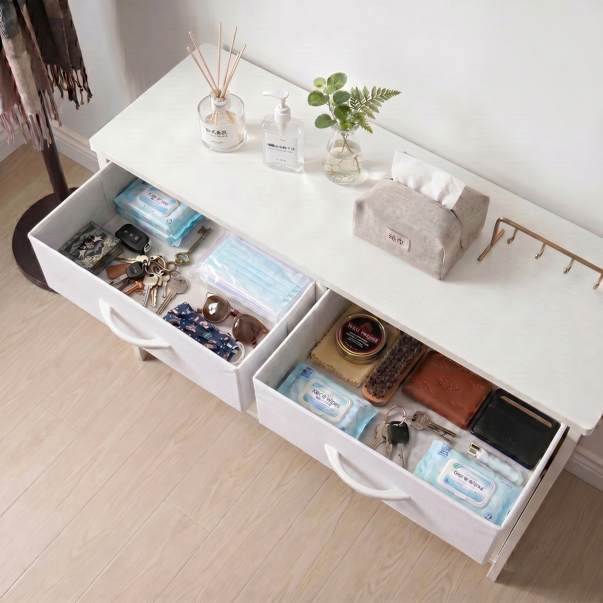 Shawken Narrow Console Table with 2 Fabric Drawers & 2-Tier Shelves