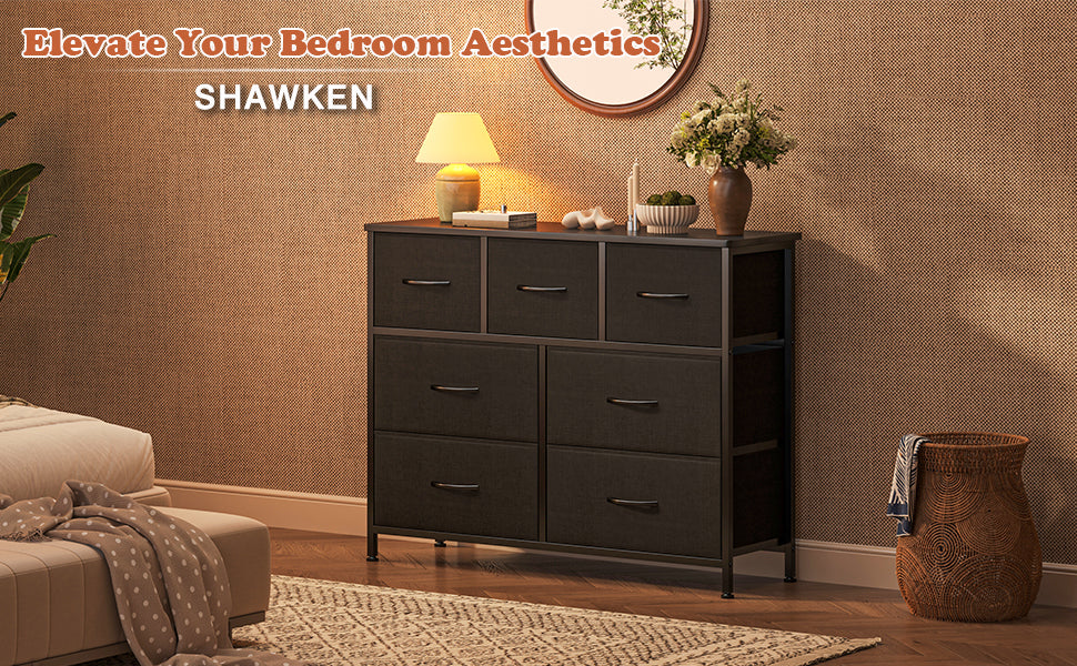 7-Drawer Fabric Dresser & TV Stand – Steel Frame, Wood Top, Anti-Tip