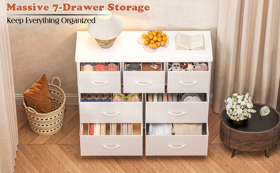 7-Drawer Fabric Dresser & TV Stand – Steel Frame, Wood Top, Anti-Tip