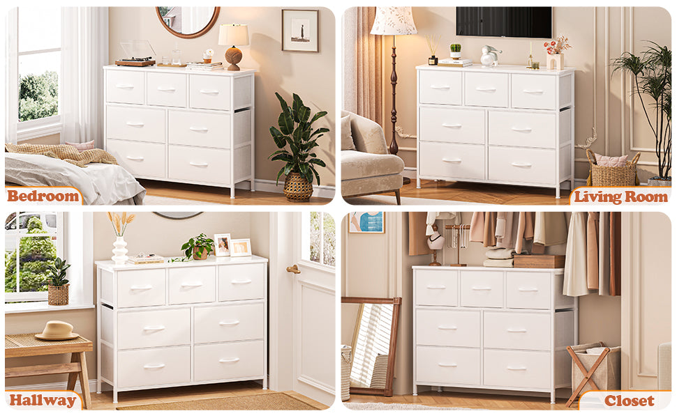 7-Drawer Fabric Dresser & TV Stand – Steel Frame, Wood Top, Anti-Tip