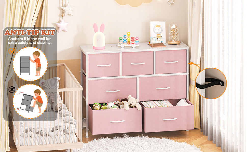 7-Drawer Fabric Dresser & TV Stand – Steel Frame, Wood Top, Anti-Tip