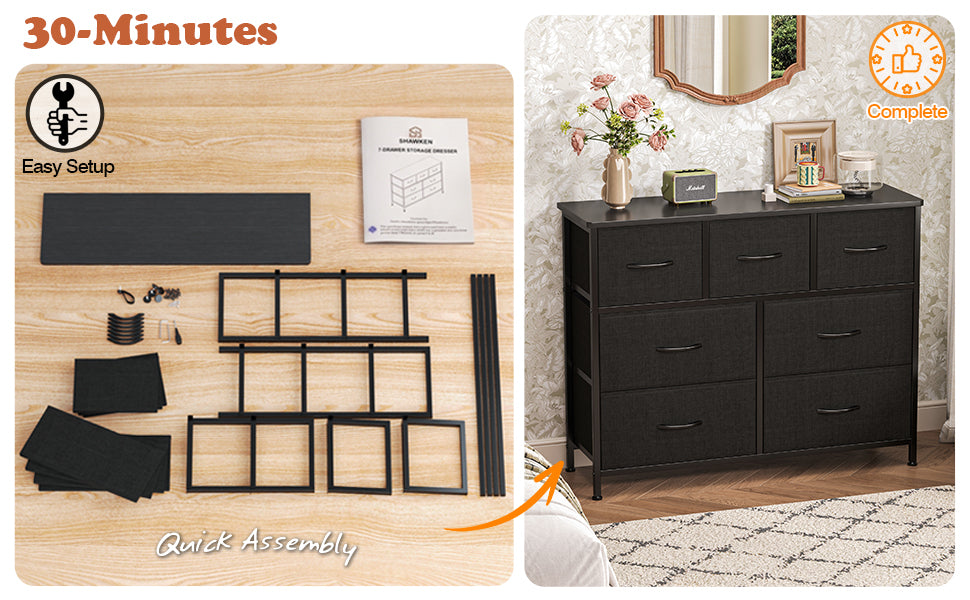 7-Drawer Fabric Dresser & TV Stand – Steel Frame, Wood Top, Anti-Tip