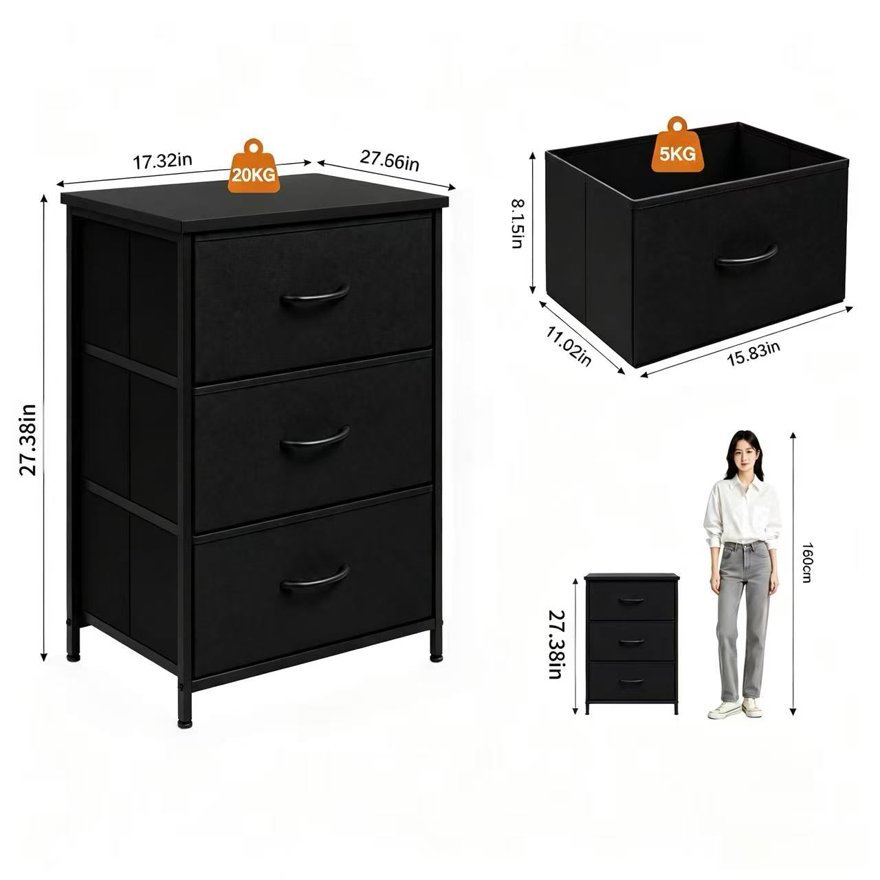 Shawken 3-Drawer Fabric Storage Nightstand